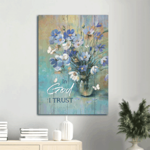 Christian Home Decor Gift: Jesus Portrait Poster with Blue Flower and White Butterfly - In God I Trust Wall Art