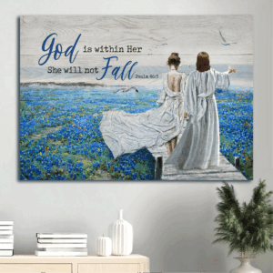 Jesus Landscape Poster Home Decor - Blue Flower Field Walking with Jesus - Gift for Christian - God Is Within Her