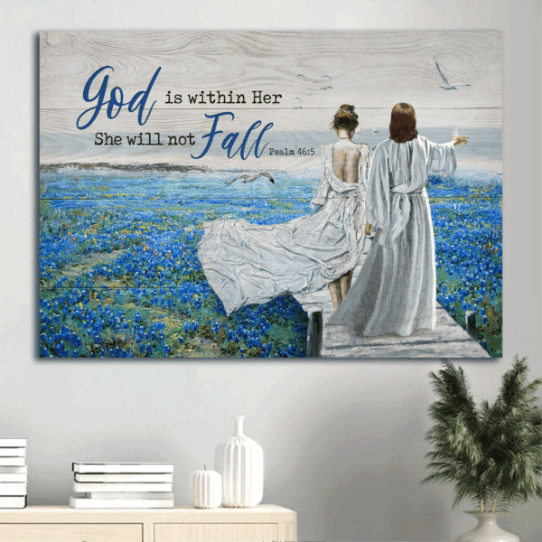 Jesus Landscape Poster Home Decor – Blue Flower Field Walking with Jesus – Gift for Christian – God Is Within Her