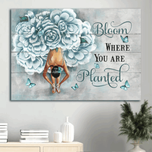 Christian Home Decor Gift: Jesus & Butterfly Landscape Poster in Blue Flower Dress - Ballet Drawing - Bloom Where You Are Planted
