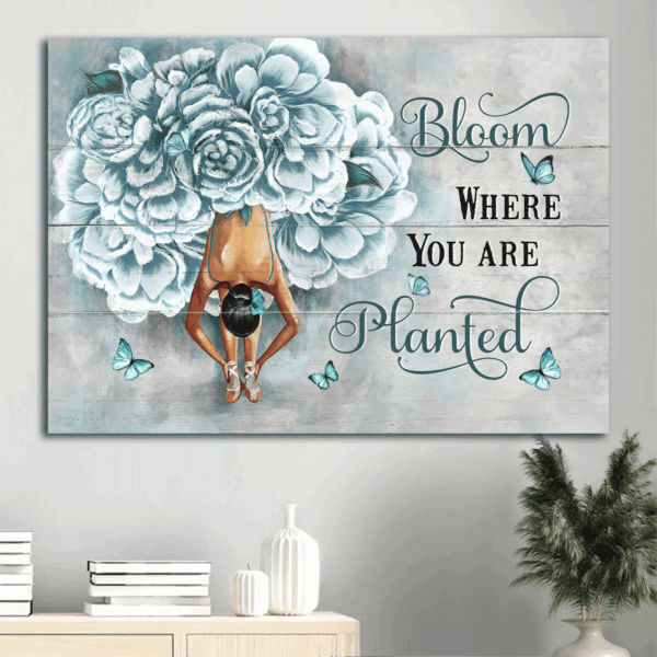 Christian Home Decor Gift: Jesus & Butterfly Landscape Poster in Blue Flower Dress – Ballet Drawing – Bloom Where You Are Planted