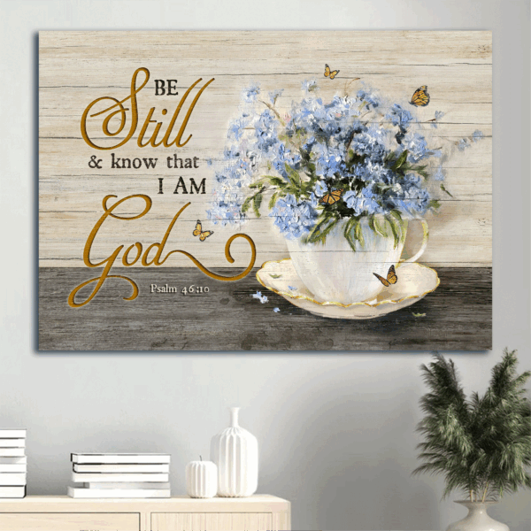 Christian Home Decor Gift: Jesus Landscape Poster with Blue Flower Painting and Monarch Butterfly – Abstract Art