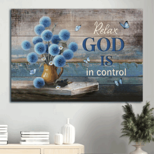 God is in Control Jesus Landscape Poster - Blue Flowers Abstract Butterfly Vintage Painting - Christian Home Decor Gift