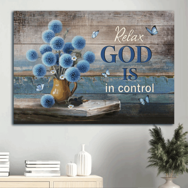 God is in Control Jesus Landscape Poster – Blue Flowers Abstract Butterfly Vintage Painting – Christian Home Decor Gift