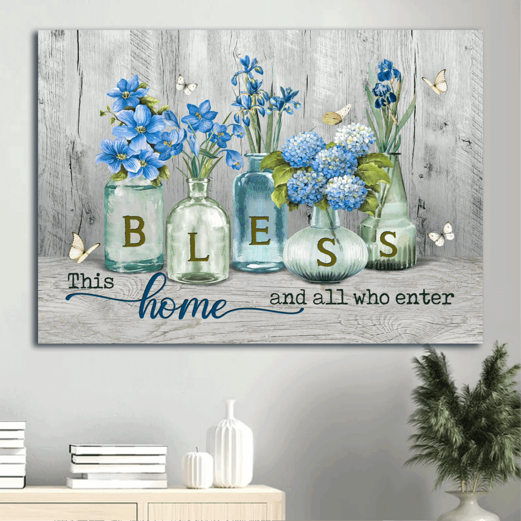 Christian Home Decor Gift: Jesus Landscape Poster with Blue Hydrangea & Butterfly Christian Home Decor Gift: Jesus Landscape Poster with Blue Hydrangea & Butterfly