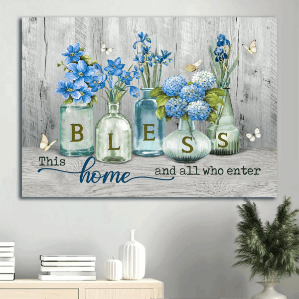 Christian Home Decor Gift: Jesus Landscape Poster with Blue Hydrangea & Butterfly