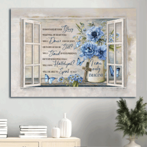 Christian Home Decor Gift: Jesus Landscape Poster with Blue Flower Vase and Butterfly