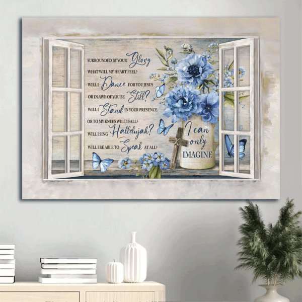 Christian Home Decor Gift: Jesus Landscape Poster with Blue Flower Vase and Butterfly