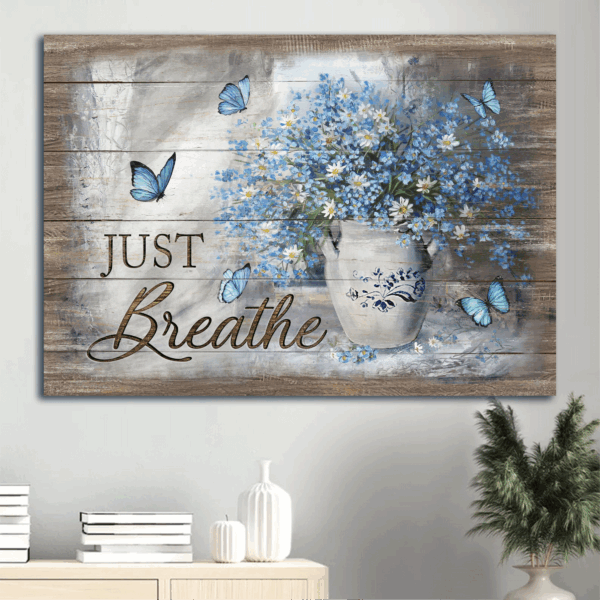 Christian Home Decor Gift: Jesus Landscape Poster with Blue Flower Vase Daisy Drawing and Vintage Painting