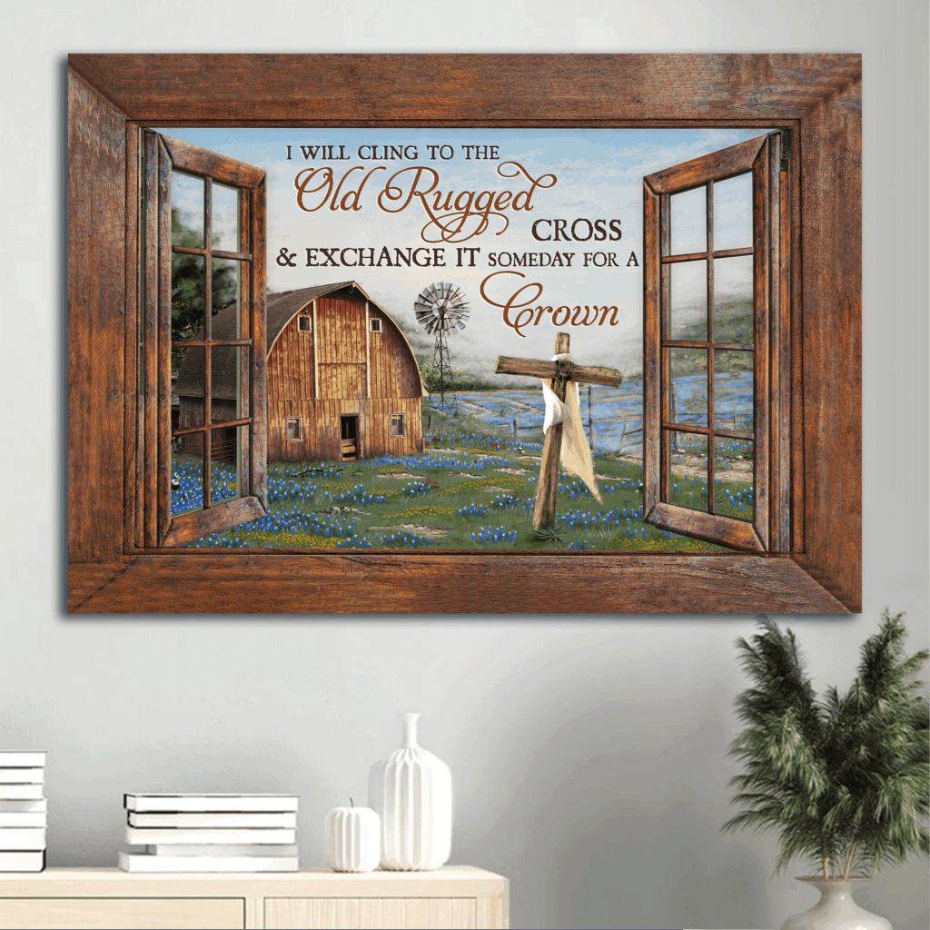 Vintage Jesus Landscape Poster – Christian Home Decor Gift with Blue Flower and Wooden Window Vintage Jesus Landscape Poster – Christian Home Decor Gift with Blue Flower and Wooden Window
