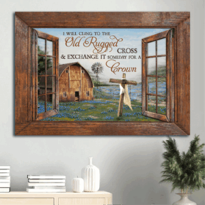 Vintage Jesus Landscape Poster - Christian Home Decor Gift with Blue Flower and Wooden Window