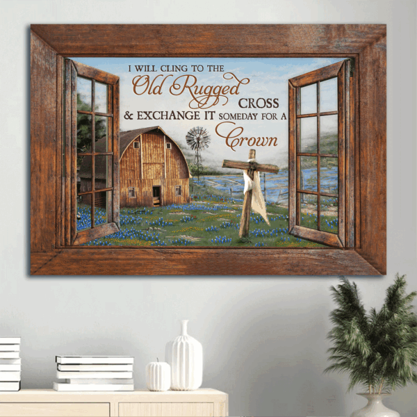 Vintage Jesus Landscape Poster – Christian Home Decor Gift with Blue Flower and Wooden Window