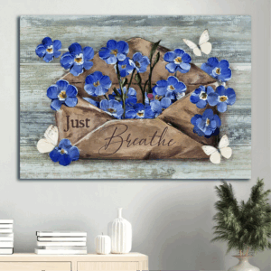 Vintage Jesus Landscape Poster: Blue Flower & White Butterfly Abstract Painting - Christian Home Decor Wall Art