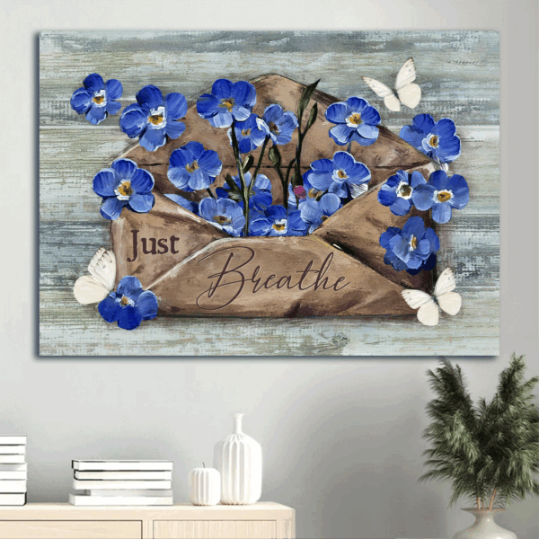 Vintage Jesus Landscape Poster: Blue Flower & White Butterfly Abstract Painting – Christian Home Decor Wall Art