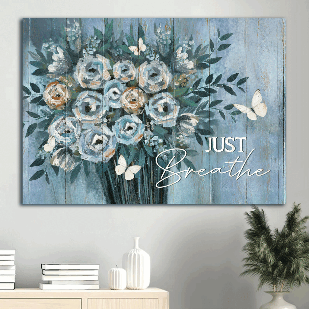 Christian Home Decor Gift – Jesus Landscape Poster with Blue Flower Vase and White Butterfly – Watercolor Painting Christian Home Decor Gift – Jesus Landscape Poster with Blue Flower Vase and White Butterfly – Watercolor Painting