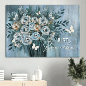 Christian Home Decor Gift - Jesus Landscape Poster with Blue Flower Vase and White Butterfly - Watercolor Painting
