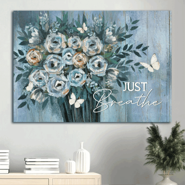 Christian Home Decor Gift – Jesus Landscape Poster with Blue Flower Vase and White Butterfly – Watercolor Painting
