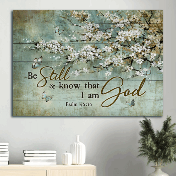 Blue Butterfly Jesus Landscape Poster – Vintage Painting Home Decor Gift for Christians – Be Still and Know God