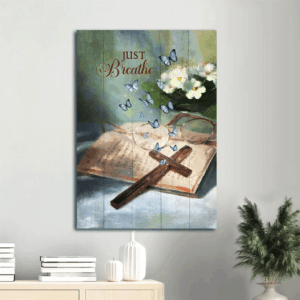 Christian Home Decor Gift: Jesus Portrait Poster with Blue Butterfly Wooden Cross Bible Jasmine Flower - Living Room Wall Art