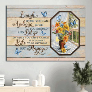 Christian Gift: Jesus Landscape Canvas with Blue Butterflies and Flower Vase - Inspirational Wall Art