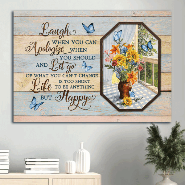 Christian Gift: Jesus Landscape Canvas with Blue Butterflies and Flower Vase – Inspirational Wall Art