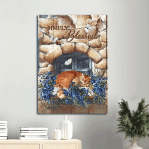 Christian Home Decor Gift: Jesus Portrait Poster with Blue Bellflower Sleeping Cat Stone Wall - Simply Blessed  Poster Home Decor Gift Art