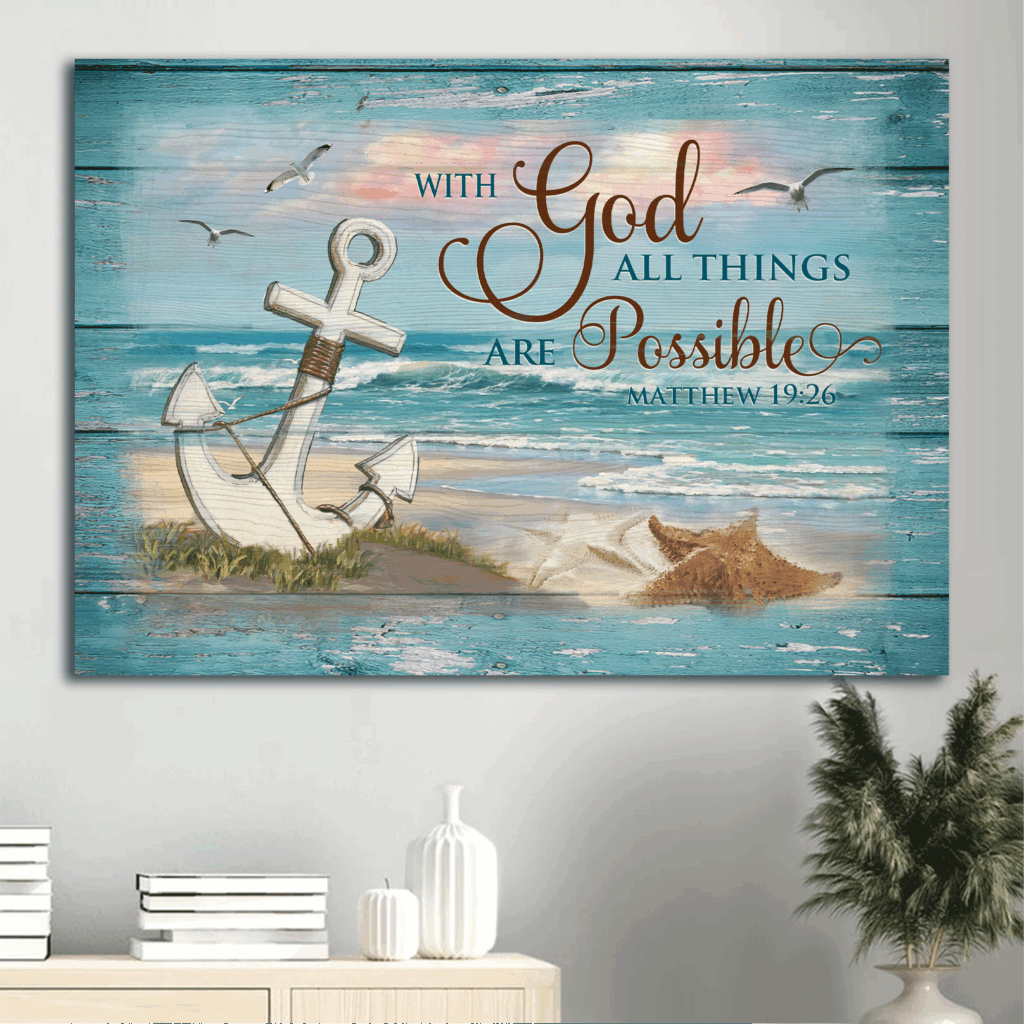 Jesus Landscape Poster: Blue Beach Painting Home Decor Gift for Christian – With God All Things Are Possible – Christian Wall Art Prints Jesus Landscape Poster: Blue Beach Painting Home Decor Gift for Christian – With God All Things Are Possible – Christian Wall Art Prints