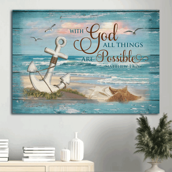 Jesus Landscape Poster: Blue Beach Painting Home Decor Gift for Christian – With God All Things Are Possible – Christian Wall Art Prints