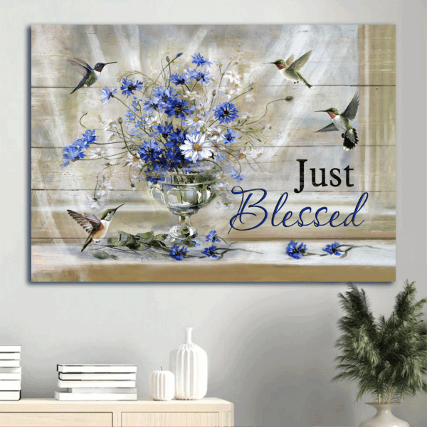 Jesus Landscape Poster Home Decor Gift – Blue Daisy Hummingbirds Christian Wall Art