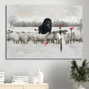 Christian Jesus Landscape Poster Home Decor Gift - Black Lion Lamb Farm Red Cardinal Cross Symbol  Poster Home Decor Gift Print