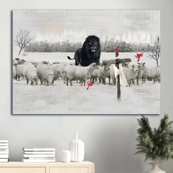Christian Jesus Landscape Poster Home Decor Gift – Black Lion Lamb Farm Red Cardinal Cross Symbol  Poster Home Decor Gift Print