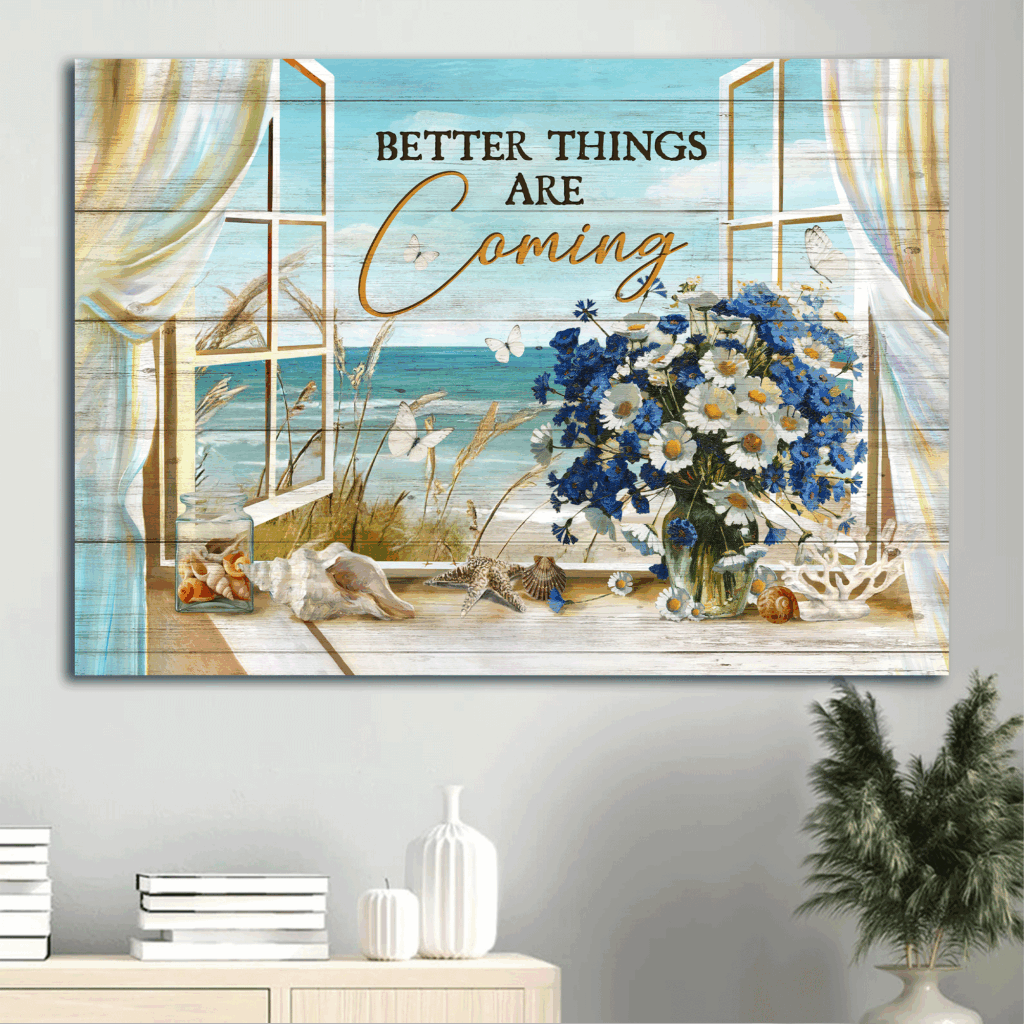 Jesus Landscape Poster Home Decor Gift – Christian Wall Art with Blue and White Daisy Seashell and Ocean Views – Better Things Are Coming Jesus Landscape Poster Home Decor Gift – Christian Wall Art with Blue and White Daisy Seashell and Ocean Views – Better Things Are Coming
