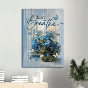 Christian Home Decor Gift Set - Jesus Portrait Poster with Blue Daisy Glass Vase Butterfly Window Scarf Just Breathe  Poster Home Decor Gift