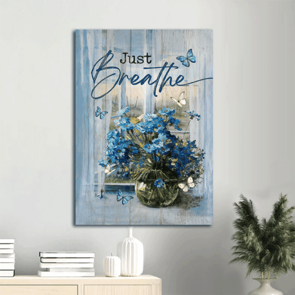 Christian Home Decor Gift Set – Jesus Portrait Poster with Blue Daisy Glass Vase Butterfly Window Scarf Just Breathe  Poster Home Decor Gift