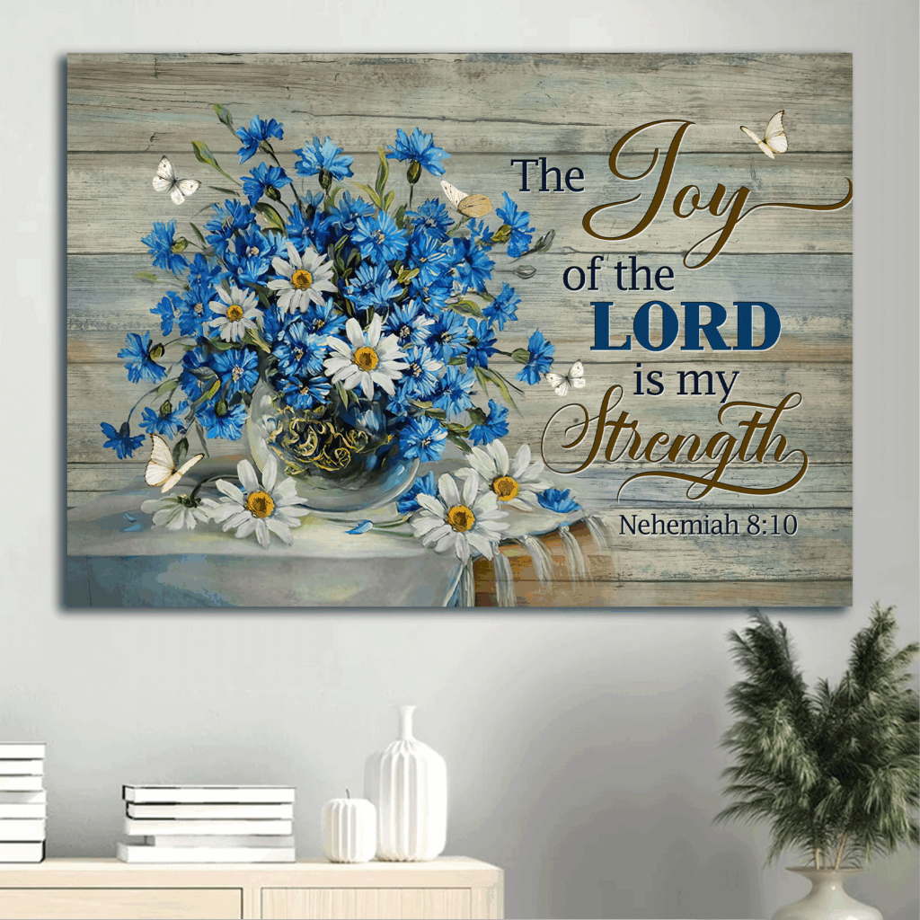 Christian Home Decor Gift: Jesus Landscape Poster with Blue Daisy White Butterfly – Joy of the Lord Strength – Wall Art Print Christian Home Decor Gift: Jesus Landscape Poster with Blue Daisy White Butterfly – Joy of the Lord Strength – Wall Art Print