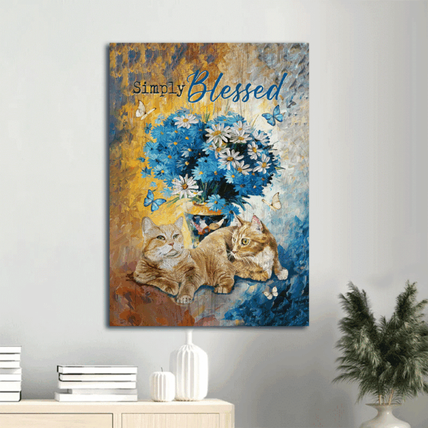 Jesus Portrait Poster Home Decor Gift- Christian Wall Art with Blue Daisy and Fluffy Cats