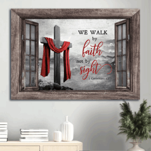 Jesus Landscape Poster Home Decor Gift - Black and White Painting with Wooden Cross and Red Cloth - Christian Wall Art Print
