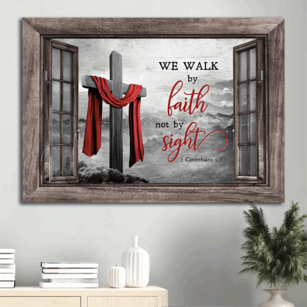 Jesus Landscape Poster Home Decor Gift – Black and White Painting with Wooden Cross and Red Cloth – Christian Wall Art Print