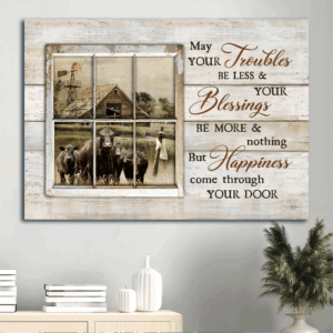 Jesus Landscape Poster Home Decor Gift - Christian Wall Art with Black Cow Green Meadow and Wooden House  Poster Home Decor Gift Print - May Your Trouble Be Less