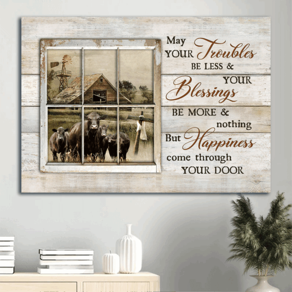 Jesus Landscape Poster Home Decor Gift – Christian Wall Art with Black Cow Green Meadow and Wooden House  Poster Home Decor Gift Print – May Your Trouble Be Less