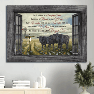 Christian Landscape Poster: Black Cow Green Meadow & Daisy Field  Poster Home Decor Gift - Amazing Grace Home Decor Gift