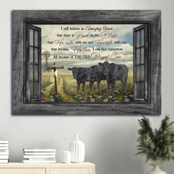Christian Landscape Poster: Black Cow Green Meadow & Daisy Field  Poster Home Decor Gift – Amazing Grace Home Decor Gift