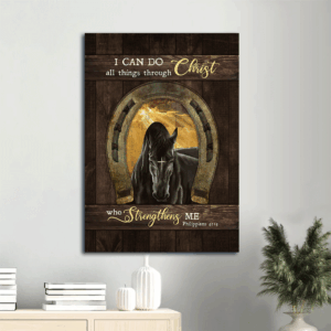 Christian Wall Art: Jesus Portrait Poster Home Decor Gift - Black Horse & Golden Horseshoe  Poster Home Decor Gift - Inspirational Christian Gift for Home - I can do all things through Christ who strengthens me - Prints