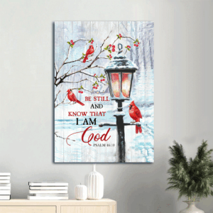 Christian Home Decor Gift: Jesus Portrait Poster with Black Lantern Drawing Red Cardinal Snow and Cranberry  Poster Home Decor Gift - Be Still and Know that I am God - Christian Wall Art