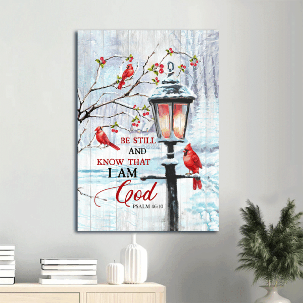 Christian Home Decor Gift: Jesus Portrait Poster with Black Lantern Drawing Red Cardinal Snow and Cranberry  Poster Home Decor Gift – Be Still and Know that I am God – Christian Wall Art