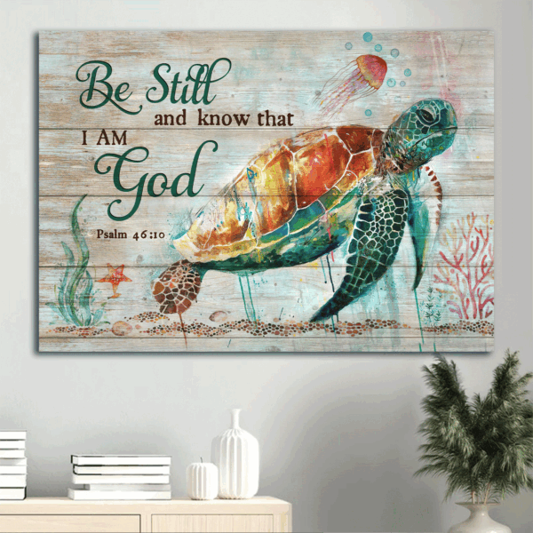 Jesus Landscape Poster – Big Sea Turtle & Ocean Painting Home Decor Gift for Christian – Be Still and Know God