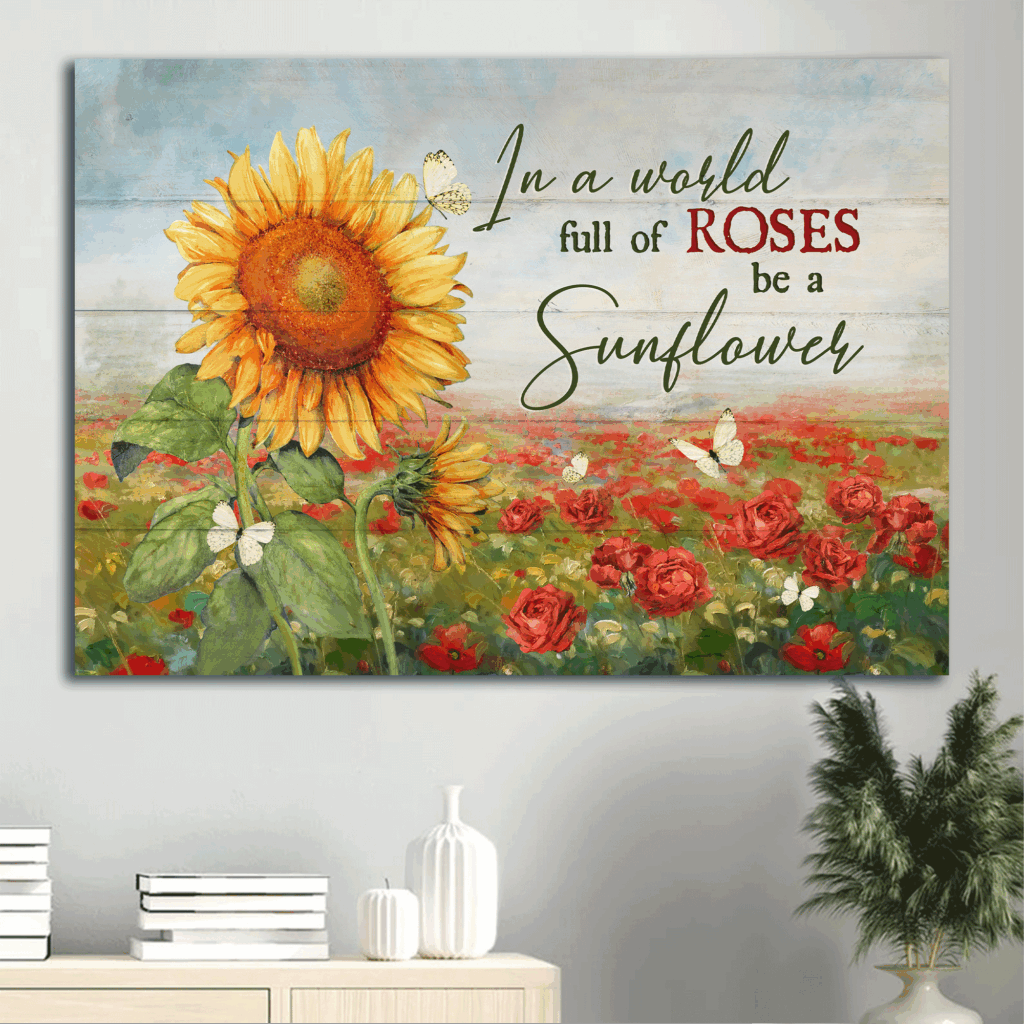 Christian Home Decor Gift: Jesus Landscape Poster with Sunflower and Red Rose Field Christian Home Decor Gift: Jesus Landscape Poster with Sunflower and Red Rose Field