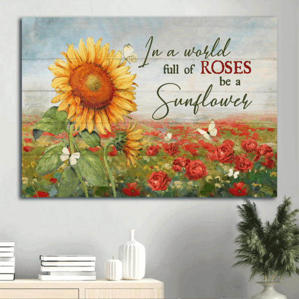 Christian Home Decor Gift: Jesus Landscape Poster with Sunflower and Red Rose Field