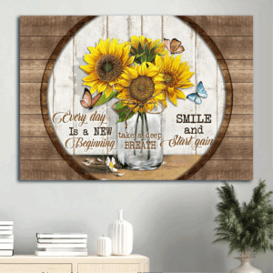 Jesus Landscape Poster Home Decor Gift - Big Sunflower Pink Butterfly Wooden Circle - Gift For Christian - New Beginning Every Day