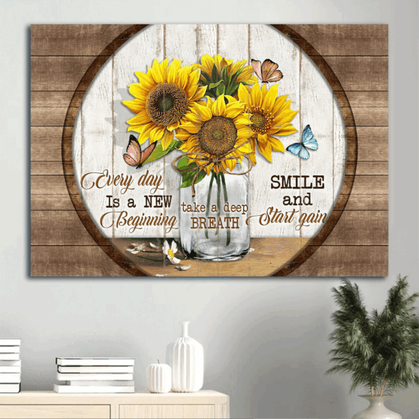 Jesus Landscape Poster Home Decor Gift – Big Sunflower Pink Butterfly Wooden Circle – Gift For Christian – New Beginning Every Day